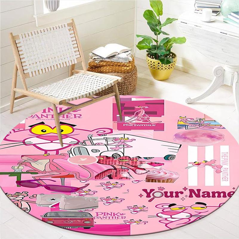 Pink Panther Party Custom Name Round Area Rug Carpet Rug For Living Room Bedroom Sofa Playroom Decor Nonslip Floor Mat