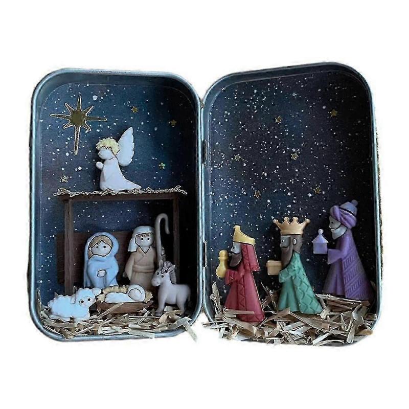 Christmas Nativity Handmade Cabin Box Theater Desktop Ornaments Jesus Nativity Set Family Nativity Scene for Xmas Decor