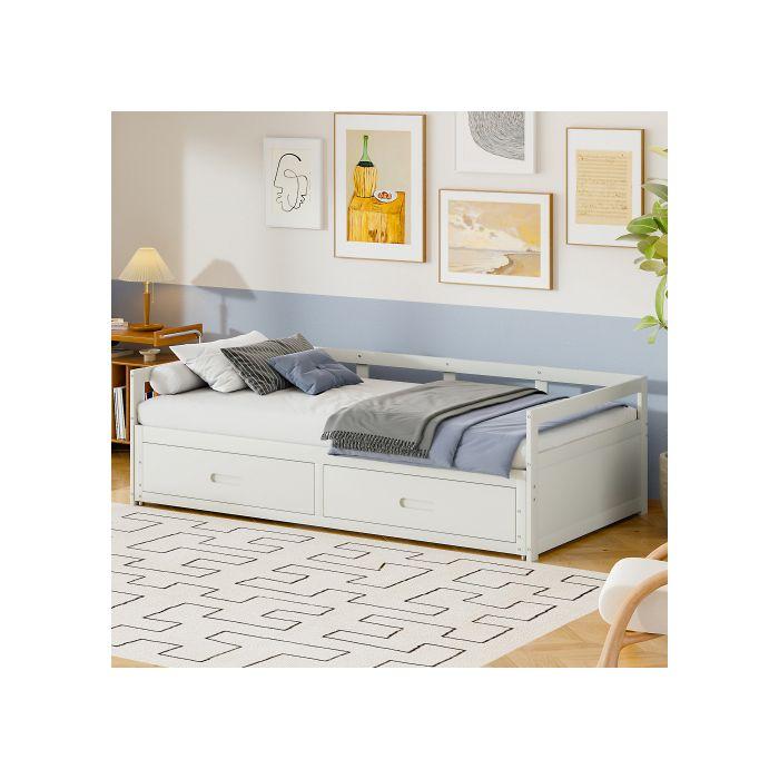 Canapé-lit - MUVOE - 90/180*200 cm - Blanc - Bois massif - Avec tiroirs de rangement