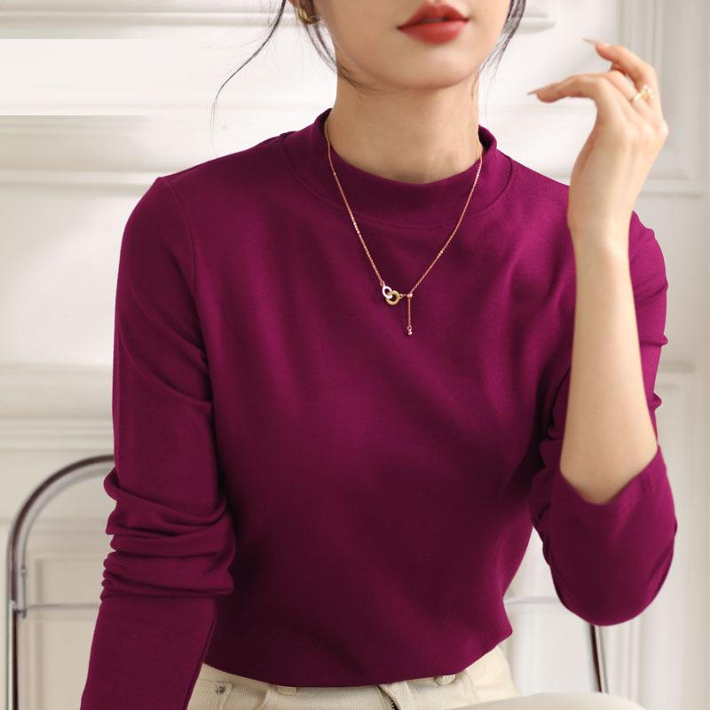Half High Collar Long Sleeve T-Shirts Women Top Autumn Winter Solid Loose Modal T-shirt Top