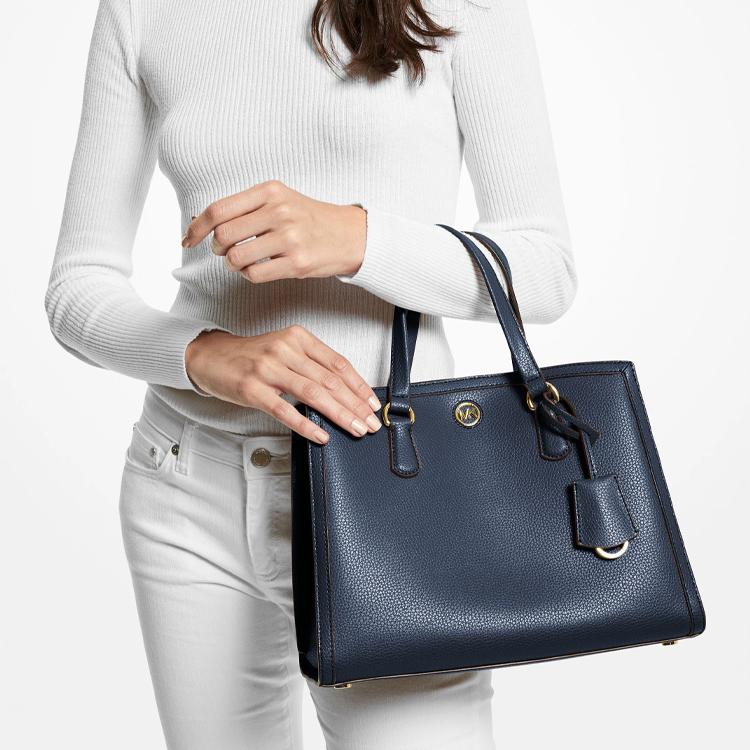 Michael Kors Mk Chantal Логотип Однотонный Зернистая Кожа Магнитная Застежка Молния Кожаная Сумка-Тоут Женская Тоут Темно-Синий 30F2G7CS2T-406