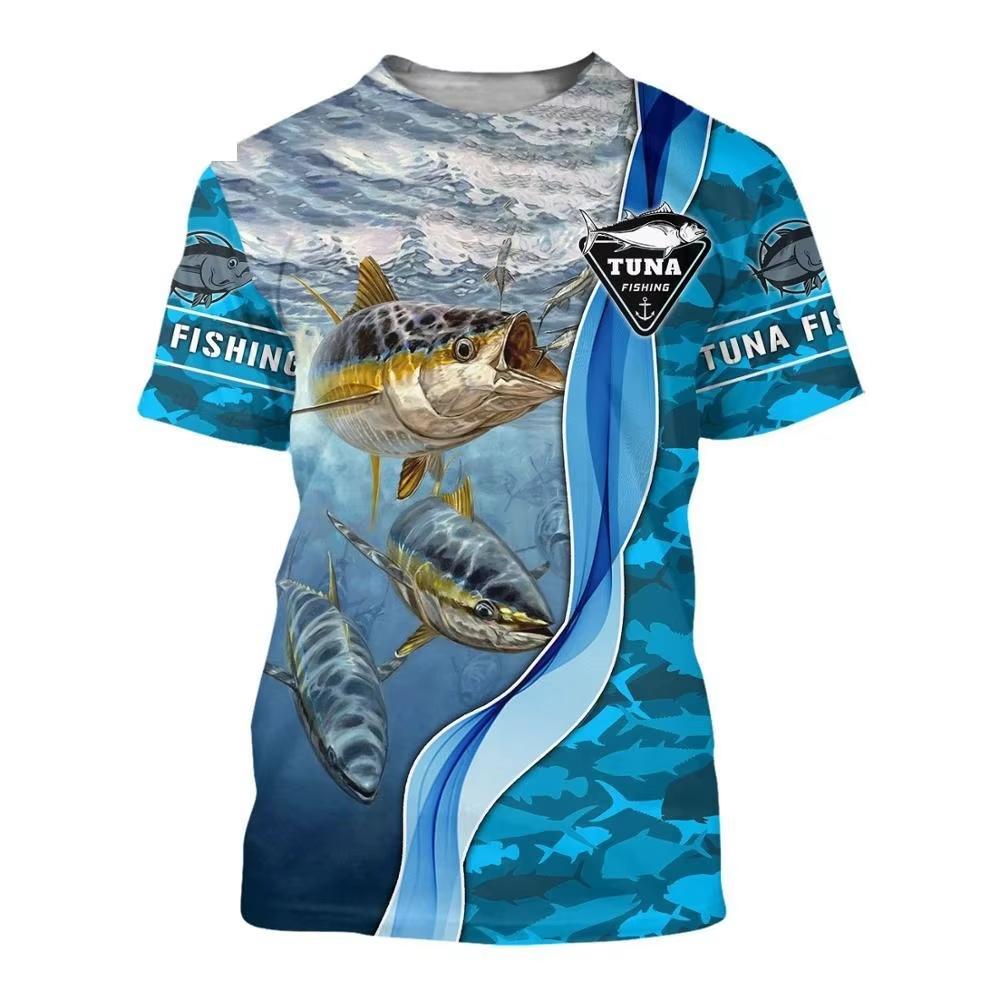 Retro Men's T-shirt, Outdoor Sports Short Sleeved T-shirt with 3D Fishing Print, Men's Casual T-shirt, Loose T-shirt, Men's Streetwear