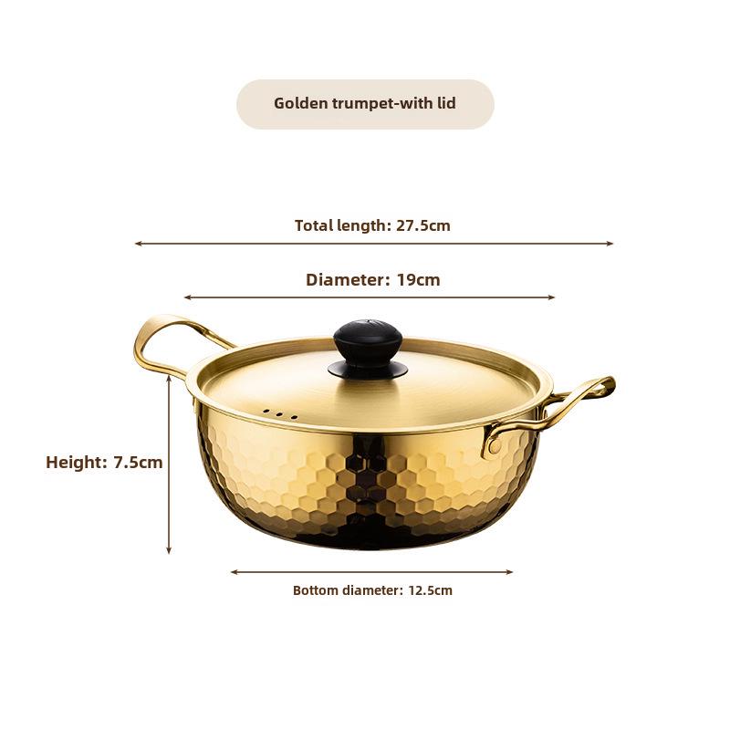Золотая корейская кастрюля для лапши быстрого приготовления с молотковым узором из нержавеющей стали - многоцелевая кастрюля для лапши быстрого приготовления и супа с крышкой