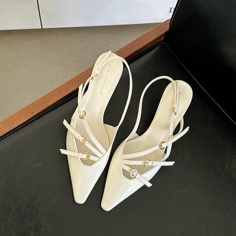 Модные туфли с пряжкой и узким ремешком на плоской подошве, женские, 2024, новые летние сандалии для платья, женские туфли-лодочки с острым носком и тонким каблуком