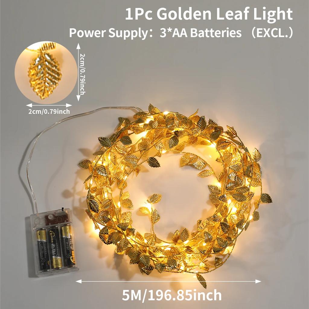 LED Golden Leaves String Light Battery-operated Garland For Living Room Bedroom Party Wedding New Year Birthday Party Decoration