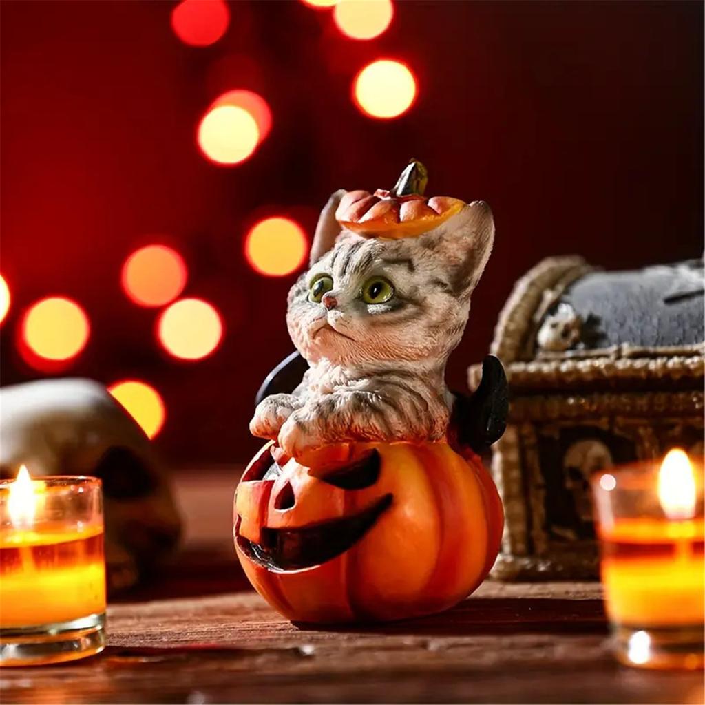 Halloween Pumpkin Decorations Resin Pumpkin Figurines with Cat Table Centerpieces for Outdoor Indoor Fairy Garden Decors