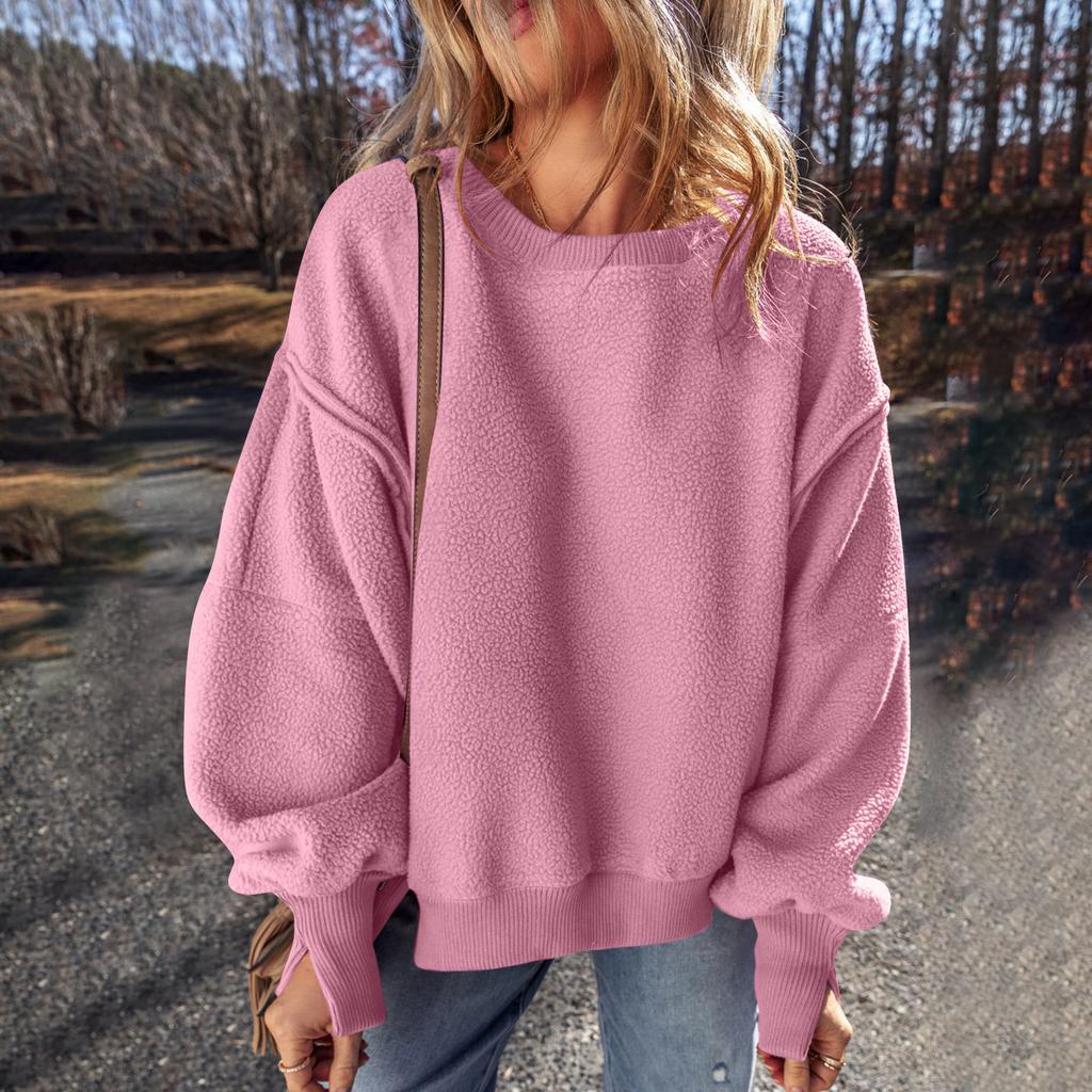 DAFIFY Women's Fashion Casual Solid Color Print Spring Fall Long Sleeve O-Neck Pullovers & Long Sleeves
