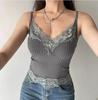 Lace Stitching Deep V Sling Sexy Slim Navel-Baring Tank for Women - Summer 2021 European & American Style