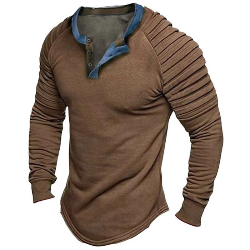 Мужская однотонная свободная повседневная футболка с воротником-стойкой и контрастными складками и длинными рукавами