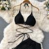 Women Summer Knitted Set Halter Short Tops+ Hollow Wide Leg Long Pants Sets Shell Beach Sexy Backless Two Piece Suits