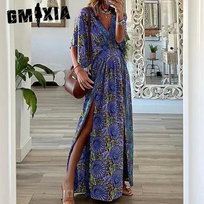Осенняя мода V-образный вырез короткий рукав свободные бохо разрез сбоку длинные принтованные платья