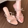 High Heels Women's Summer 2025 New French Nude Word with Bow Sandals Round Head Stiletto Slippers Women
