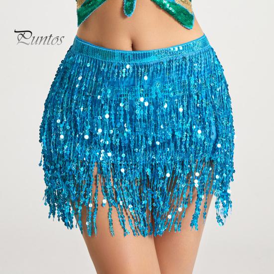 Belly Dance Skirt Sequin Tassel Waist Hip Scarf Exotic Style Tie Up Adjustable Thin Skirt Mesh Festivel Stage Performance Cosplay Mini Skirt Apron