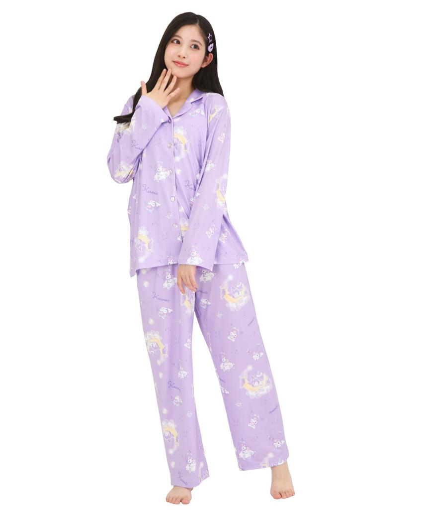 SAZAC Kuromi Shirt Powder Long Sleeve and Pants Loungewear Pajamas, Stretch, Women's, Set, (Purple/M/SAN1908)
