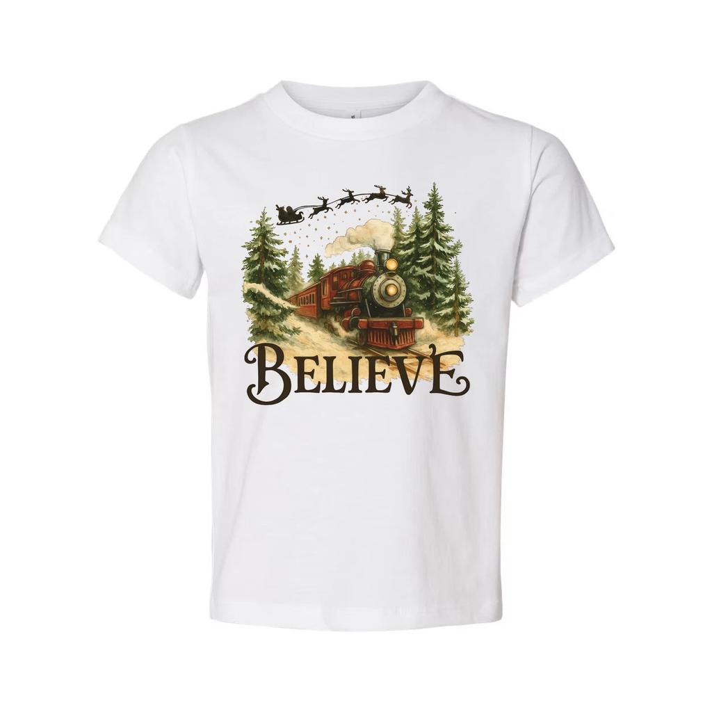 Believe Christmas Train Graphic T Shirt With Vintage Steam Engine In Forest Scen