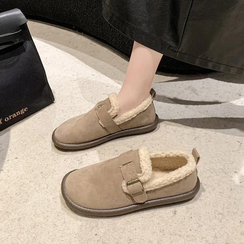 Модная женская обувь 2024 года, горячая распродажа, женские туфли на плоской подошве One Kick, зимние туфли с круглым носком, замшевые, теплые, однотонные, повседневные, удобные, большого размера