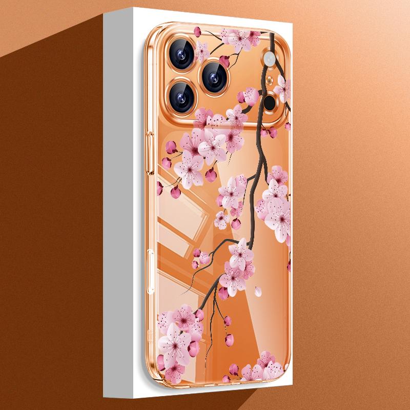 Чехол с узором Розовый Цветок Персика для iPhone 17 Pro Max Funda iPhone 16 15 14 13 Pro Max 11 Прозрачная Задняя Панель из ПК Тонкий Жесткий Чехол