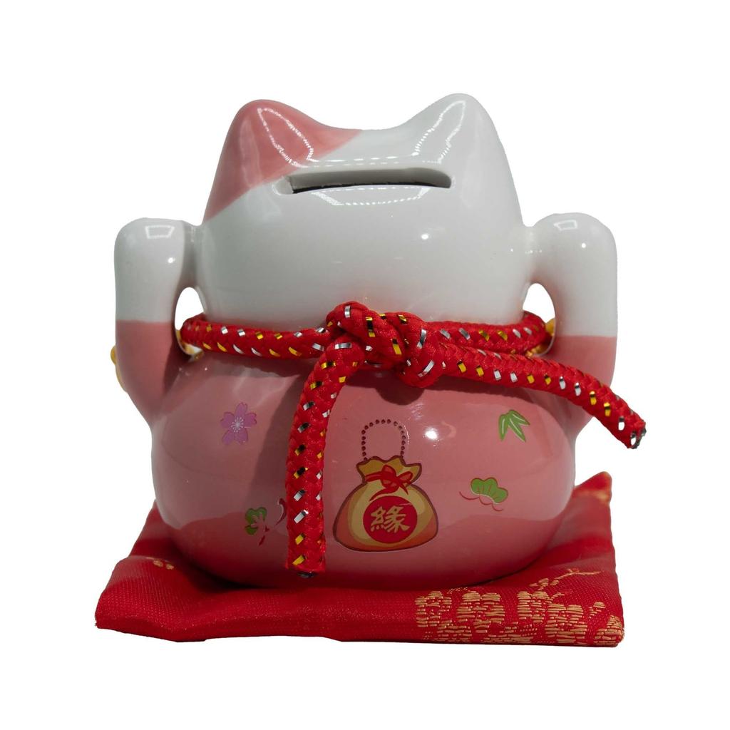 Ceramic Money Cat Bank – Pink on Cushion