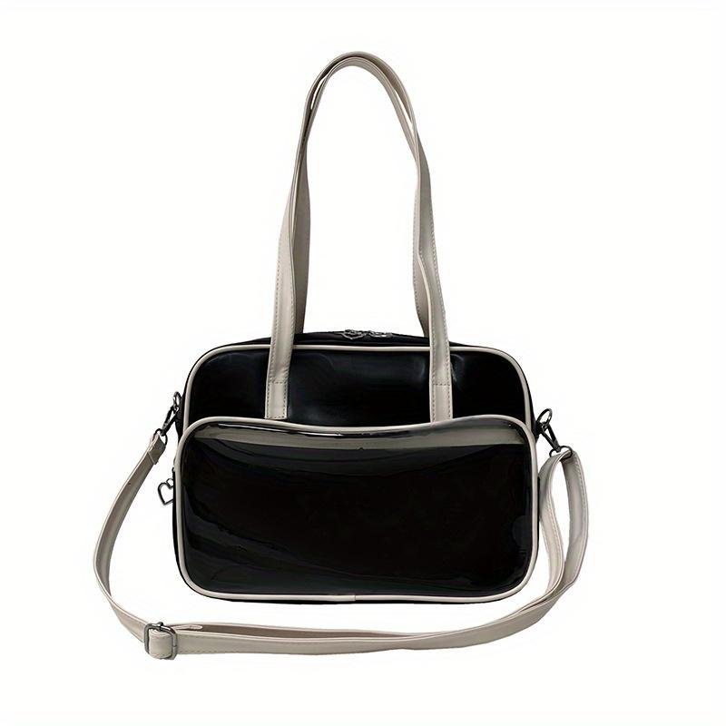 Сумка через плечо с прозрачным карманом спереди, модная сумка-тоут в стиле преппи, большая вместимость