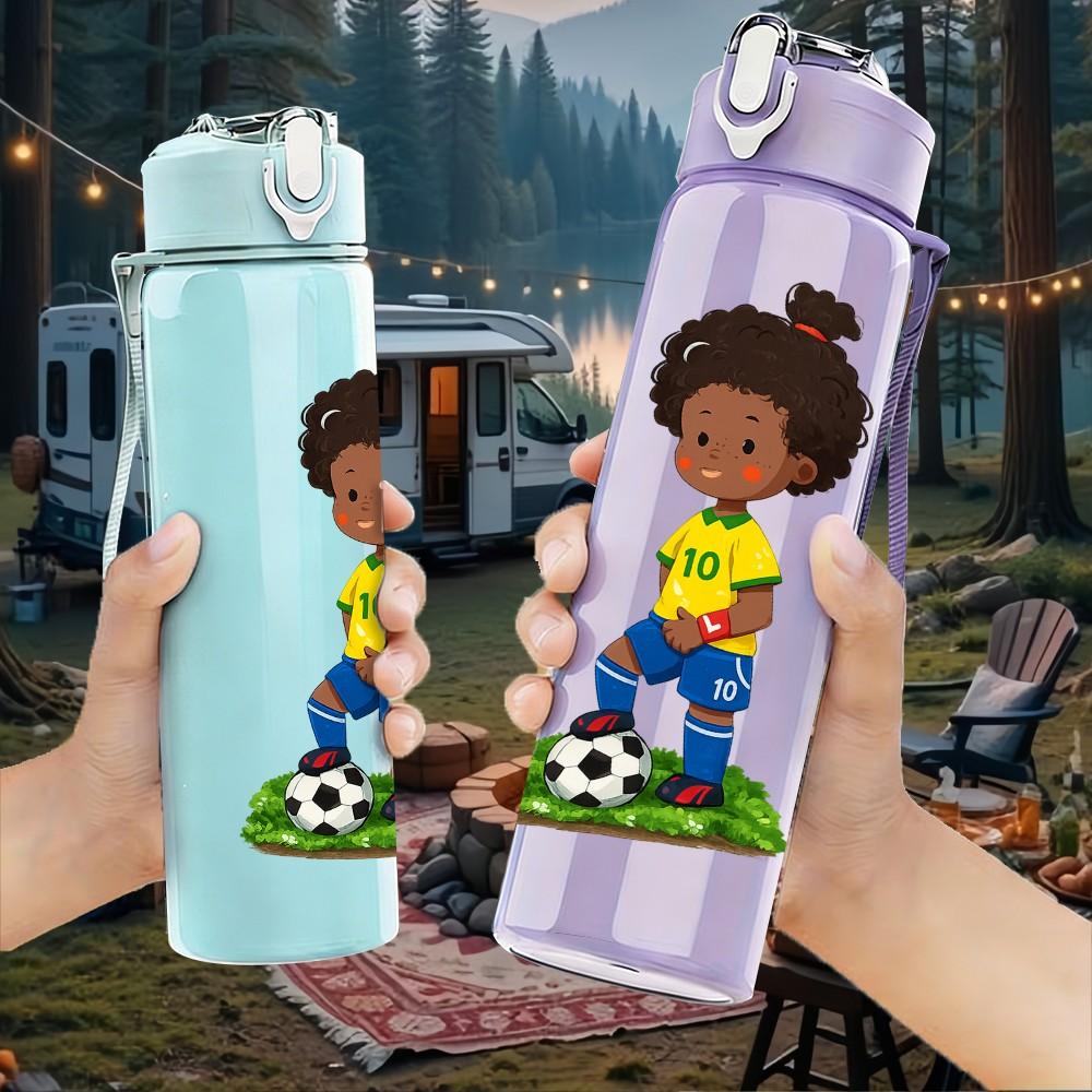 1PC Little Black Boy Play Soccer Print 750ml Color Plastic Sports Water Bottle Leakproof Flip Straw Lid Suitable for Sports Office Home Use