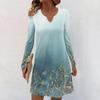 Women's Long-sleeved Casual Midi Dresses V-Neck Print  Casual Dress