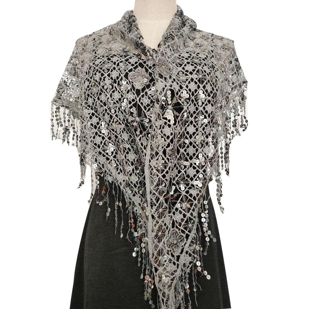 Полая треугольная кружевная шаль с блестками, свадебная женская роскошная вечерняя накидка, женский блестящий блестящий палантин, клубный шарф с кисточкой