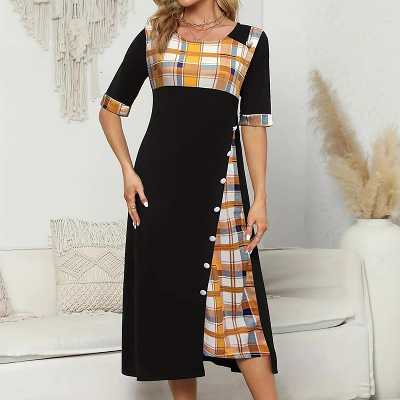 GMXIA Платье с круглым вырезом Collision Color Midi Sleeve Aregular Long Dresses