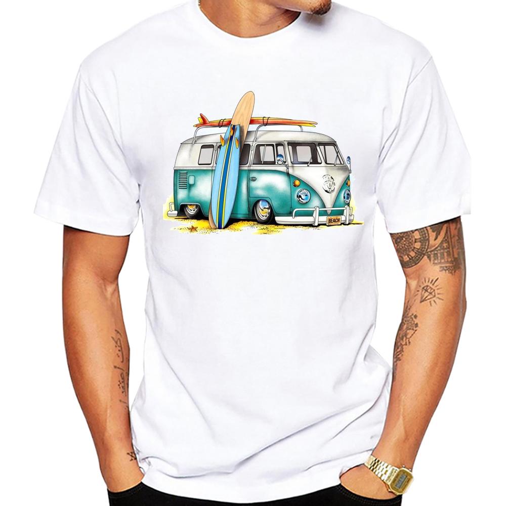 Rotre Beach Scene Cars Tattoo Men T Shirt Vintage Beach Bus Surf Sport Cloth Retro Surfing Board Tops Hipster Boy Tees