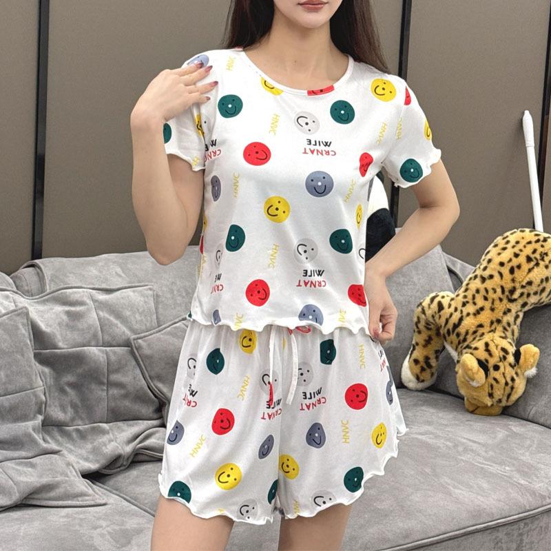 2025 Летний женский пижамный комплект с укороченным топом и шортами с круглым вырезом, тонкая пижама из 2 предметов, пижама для девочки, забавный мультяшный принт, молодежная домашняя одежда