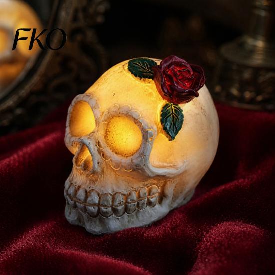 Halloween Ambient Light Gothic Up Skull Rose Flower Figurine, Day of Dead Resin Party Decorations Statue, Spooky Skeleton Head Lamp for Desk