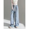Летние новые клетчатые брюки женские кружевные широкие брюки на шнурке драпированные свободные ветрозащитные прямые брюки