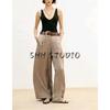 Summer Women's Pleated Decoration High Waist Vertical Matching Belt Silk Satin Texture Wide-Leg Casual Pants 3533556