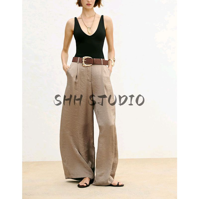 Summer Women's Pleated Decoration High Waist Vertical Matching Belt Silk Satin Texture Wide-Leg Casual Pants 3533556