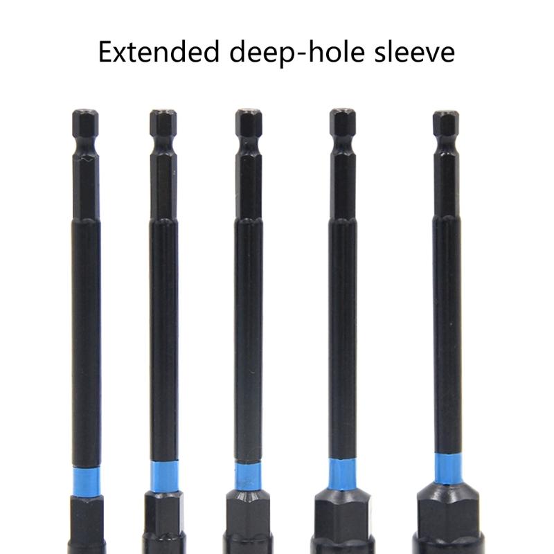 Pack of 5 Long Hexagonal Socket Nut Driver Set for Electric and Pneumatic Tool with Alloy Steel Construction