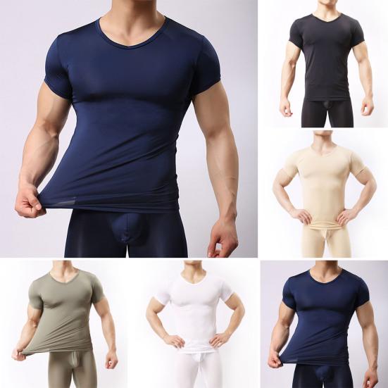 Summer Men Top Ultrathin Sweat Absorption Quick-drying Short Sleeves Round Neck Slim Fit Solid Color Breathable Elastic Casual Pullover Daily T-shirt