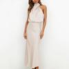 Stand Collar Halter Sleeveless Waist Tight Women Dress Smooth Satin Loose Hem Midi Evening Dress