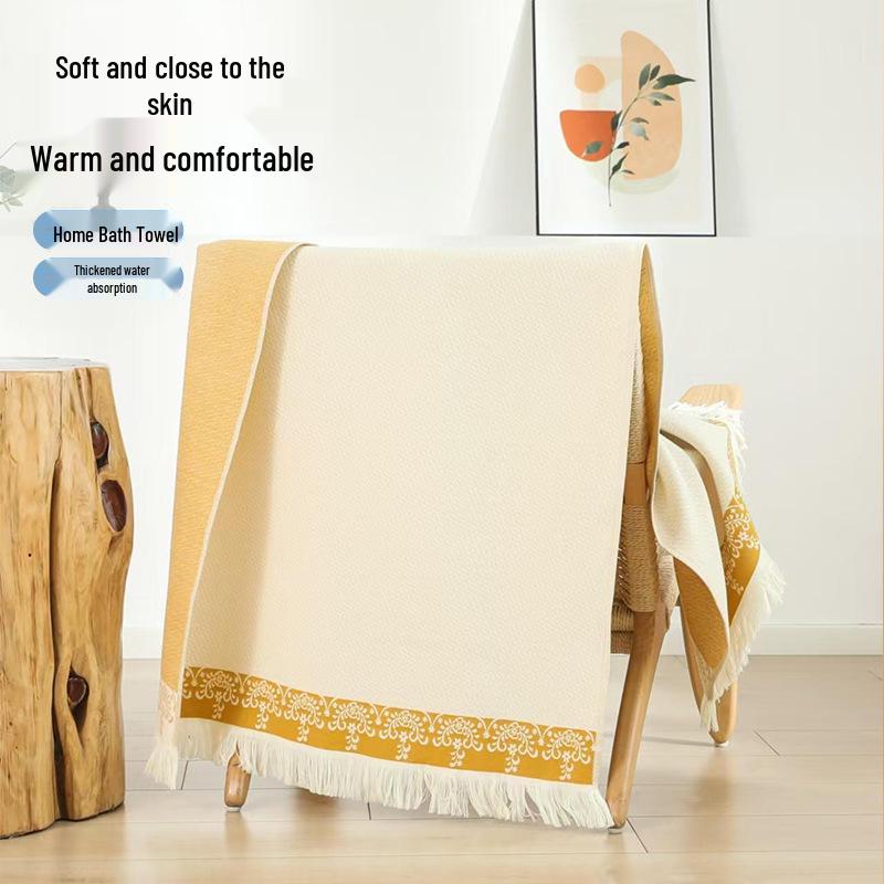 Ethnic Style Oversized Pure Cotton Jacquard Bath Towel with Tassels - Thickened Multi-layer Gauze.