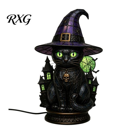 Dark Aesthetic Gothic Ornament Black Cat Witch Hat Table Lamp, with Dreamy Purple Light, Lamp Retro Halloween Ornament, for Bedroom Bedside