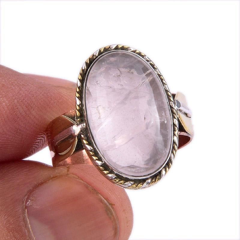 Natural Rose Quartz Gemstone Two Tone 925 Sterling Silver Gift Ring S.9.5 F9H88