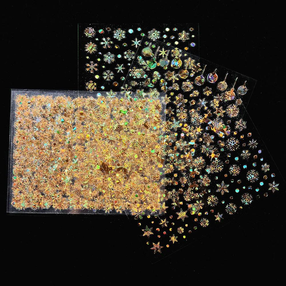 12 шт. лазерных серебряных снежинок наклейки для ногтей 3D бронзирующие рождественские наклейки для ногтей голографические слайдеры снежинки серебра/золота/белого цвета