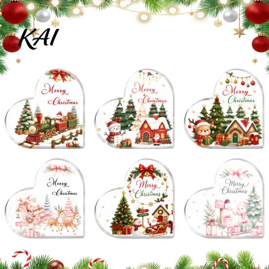Santa Claus Desktop Ornaments Heart Shaped Acrylic Christmas Tabletop Sign, 2D Winter Snow Scene Ornament Festive Fireplace Display with Santa,