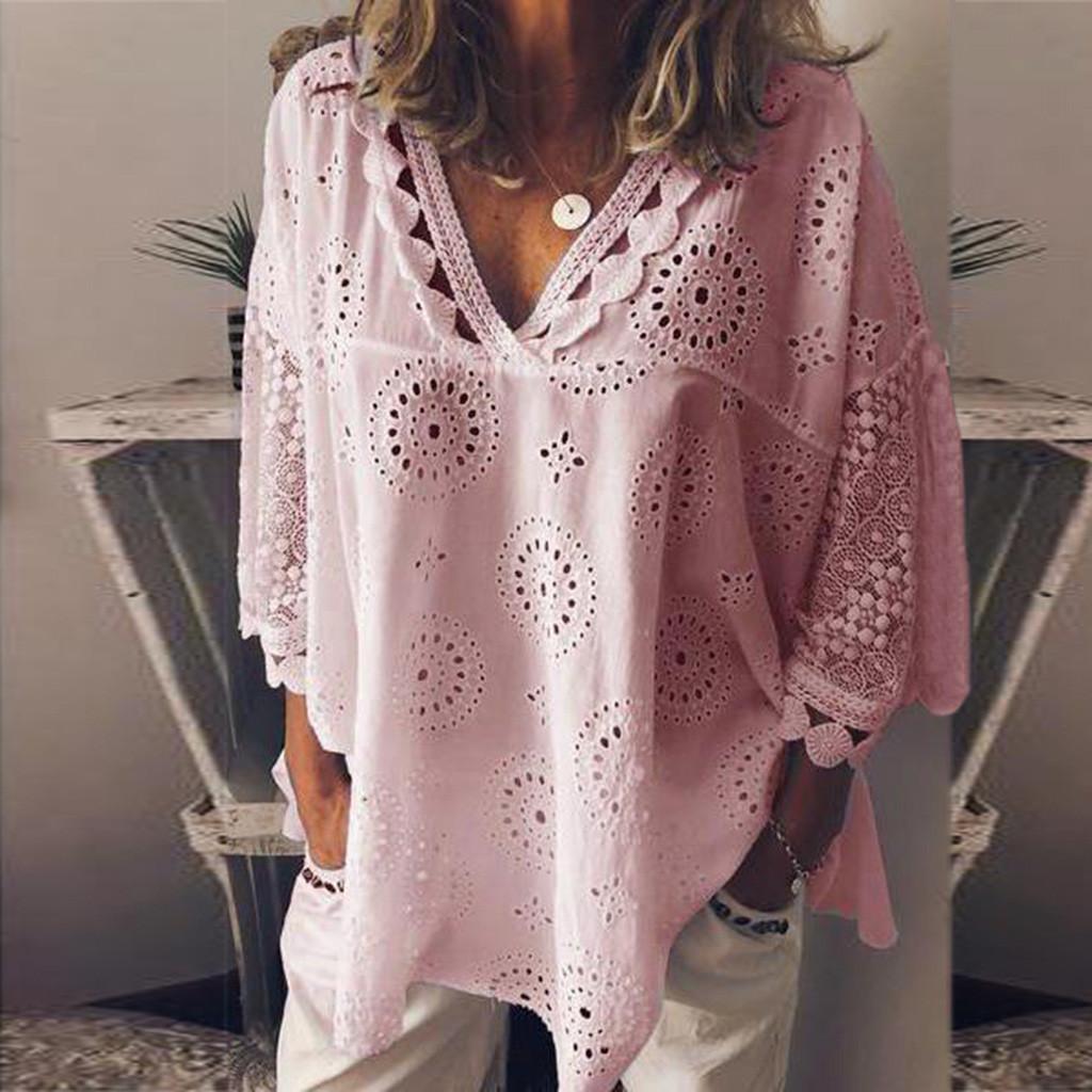Women Half Sleeve Cotton Linen Hollow Out Lace Patchwork T-Shirt Blouse Tops