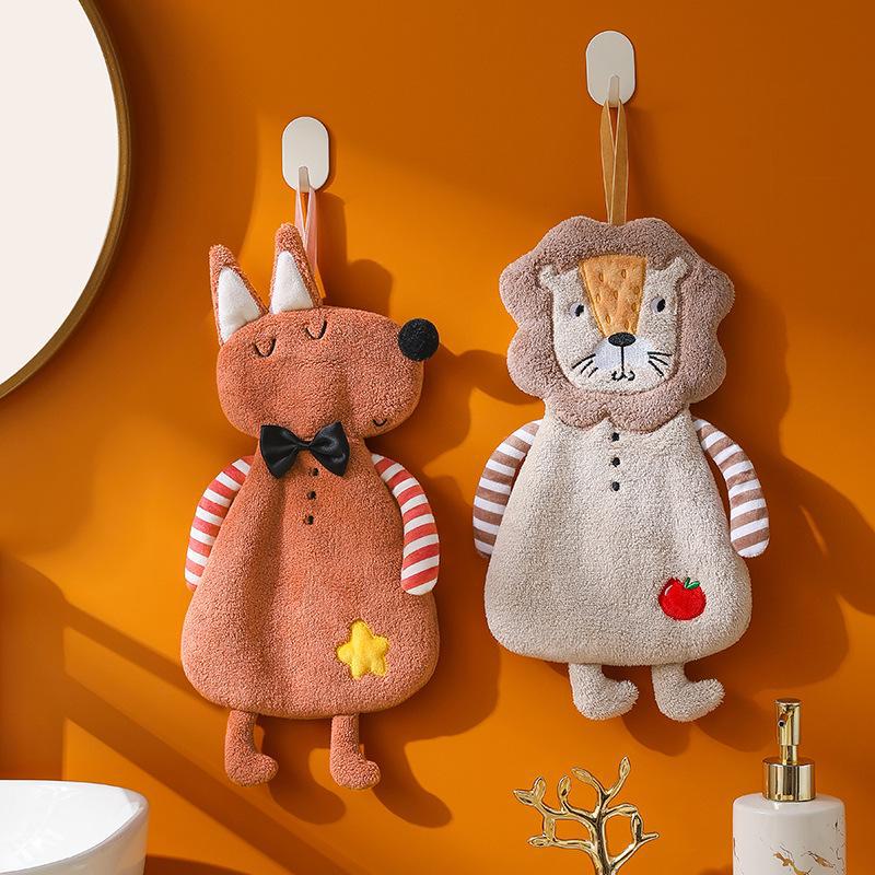 Полотенце для рук из кораллового флиса с изображением мультяшных животных – впитывающее, вышитое квадратное для ванной и кухни