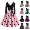 Women Halloween Print Flare Dress Long Sleeve V-Neck Dress Party Casual Dresses