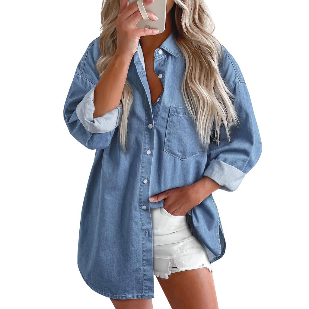 Women Denim Shirts Button Down Blouse V Neck Casual Tops