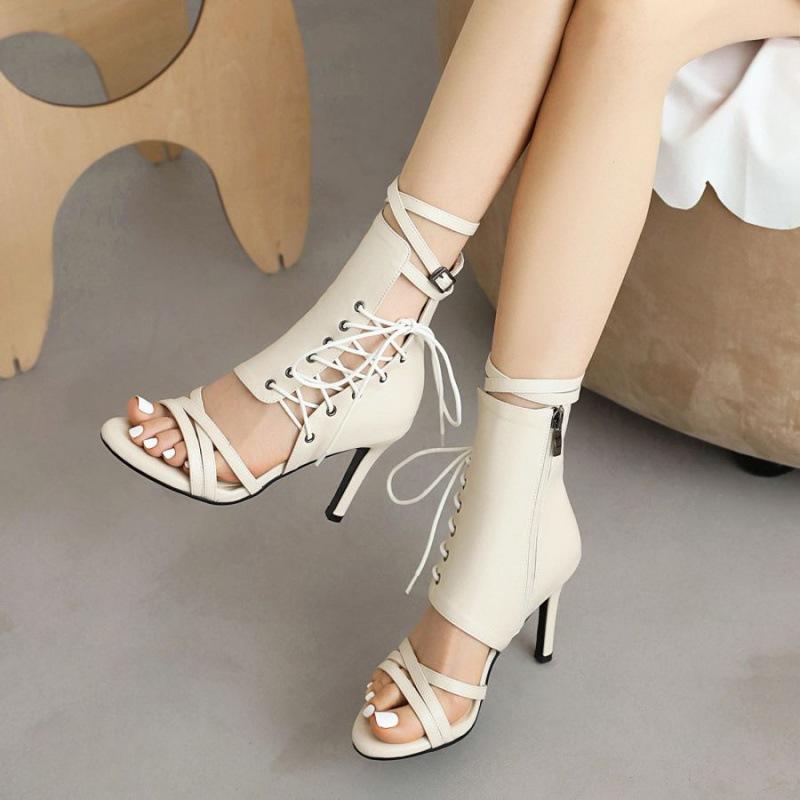 Весенне-летние новые женские босоножки на высоком каблуке, милая резиновая подошва, большой размер, черные женские туфли, шнуровка, открытый носок, римские высокие каблуки