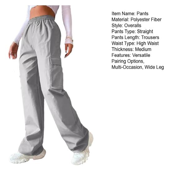 Women Cargo Pants Elastic Waist Wide Leg Solid Color Trousers Casual Joggers Sweatpants with Side Flap