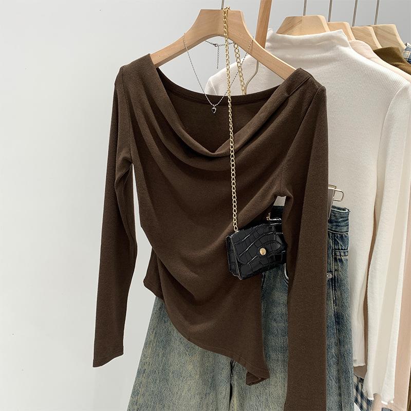 Приталенный топ с асимметричным отложным воротником на плечо, женский осенний новый, милый и пикантный, универсальная базовая футболка с длинным рукавом