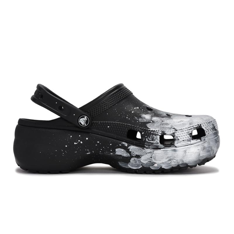 Crocs Классические сабо на платформе 811 Сделано в Туманной сцене Специальная обувная коробка Наступание на какашки Мягкие перфорированные туфли Женские Черные Серебристые