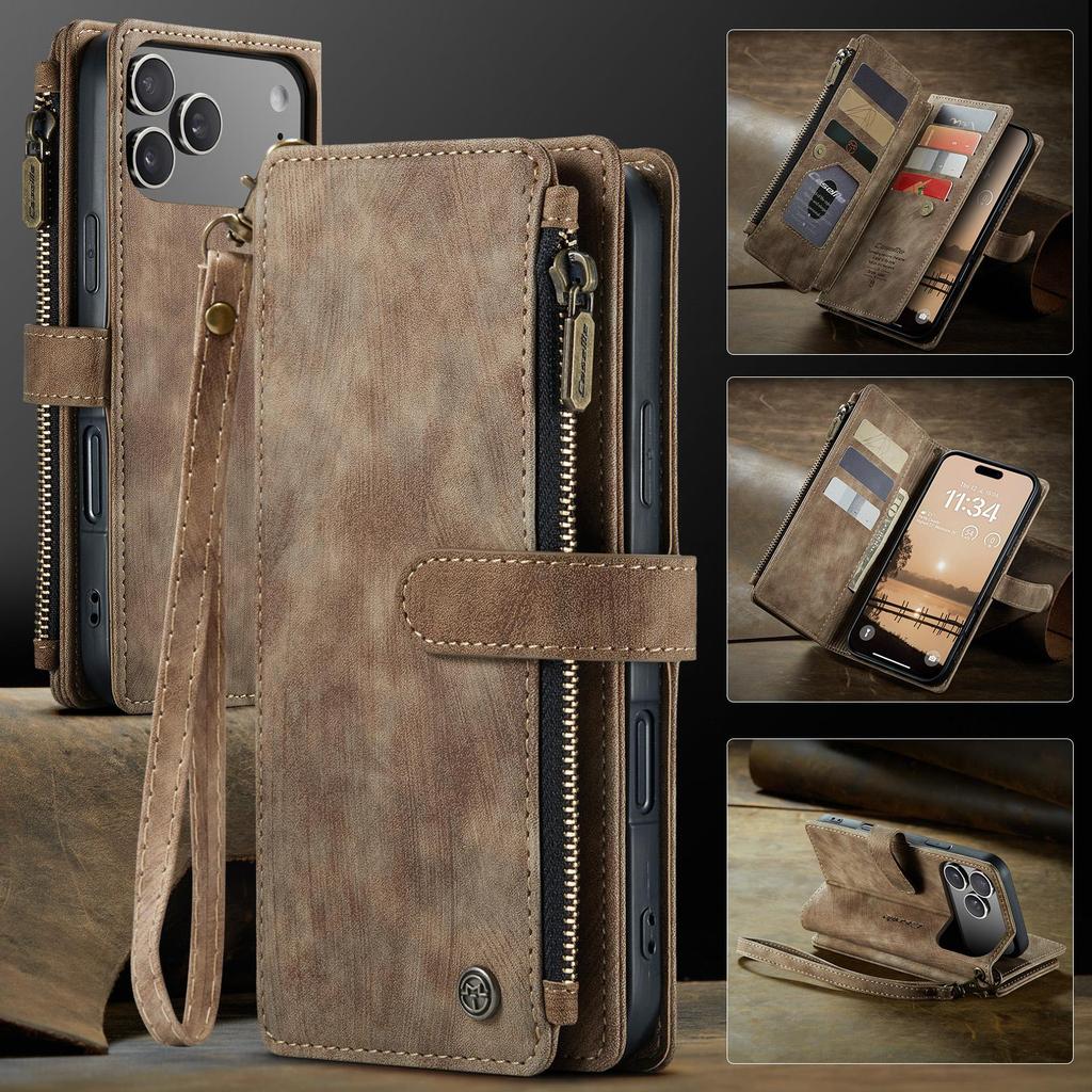 CaseMe-C30 Роскошный Премиум Кошелек из PU Кожи Чехол для iPhone17 16 15 14 13 Pro Max Многофункциональный Чехол-Кошелек на Молнии с Держателем для Карт Защитные Наклейки+Ремешок
